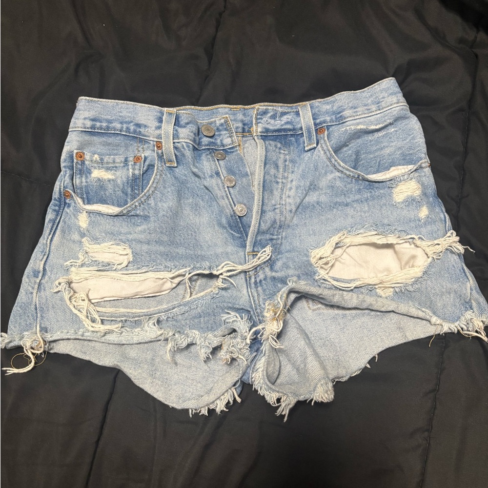 Distressed Light Blue Denim Shorts